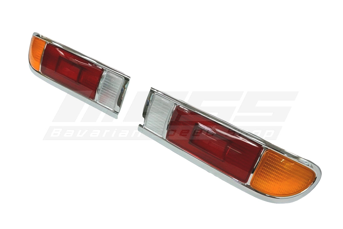 BMW E9 Taillight Lens Set with Chrome Frames & Gaskets - 63211353159 / 63211353160